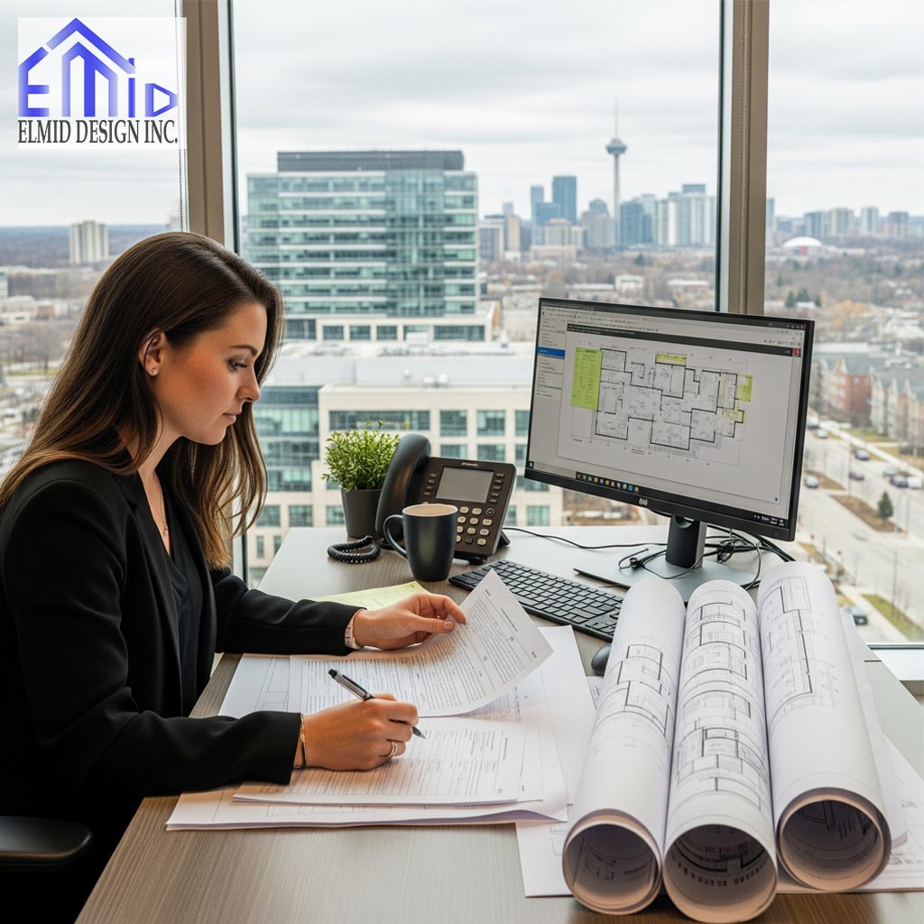 Engineer reviewing Vaughan permit application documents and architectural plans.