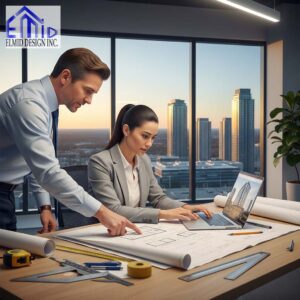 Engineers reviewing building plans for Vaughan permit requirements in a modern office.