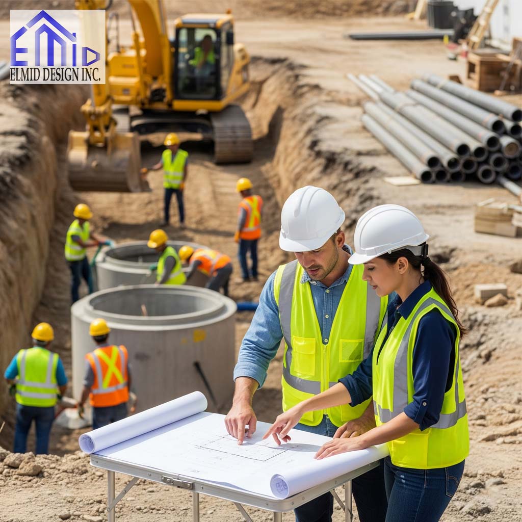 Civil engineering consultants in Ajax reviewing site plans during active building construction work.