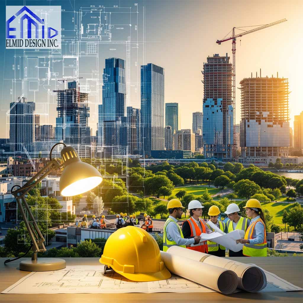 Civil engineering consultants in Brampton planning building projects with city skyline and construction site in view.