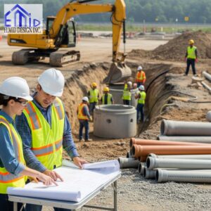 Alt Text: Civil engineering consultants in Brampton reviewing construction site plans with active building work in progress.