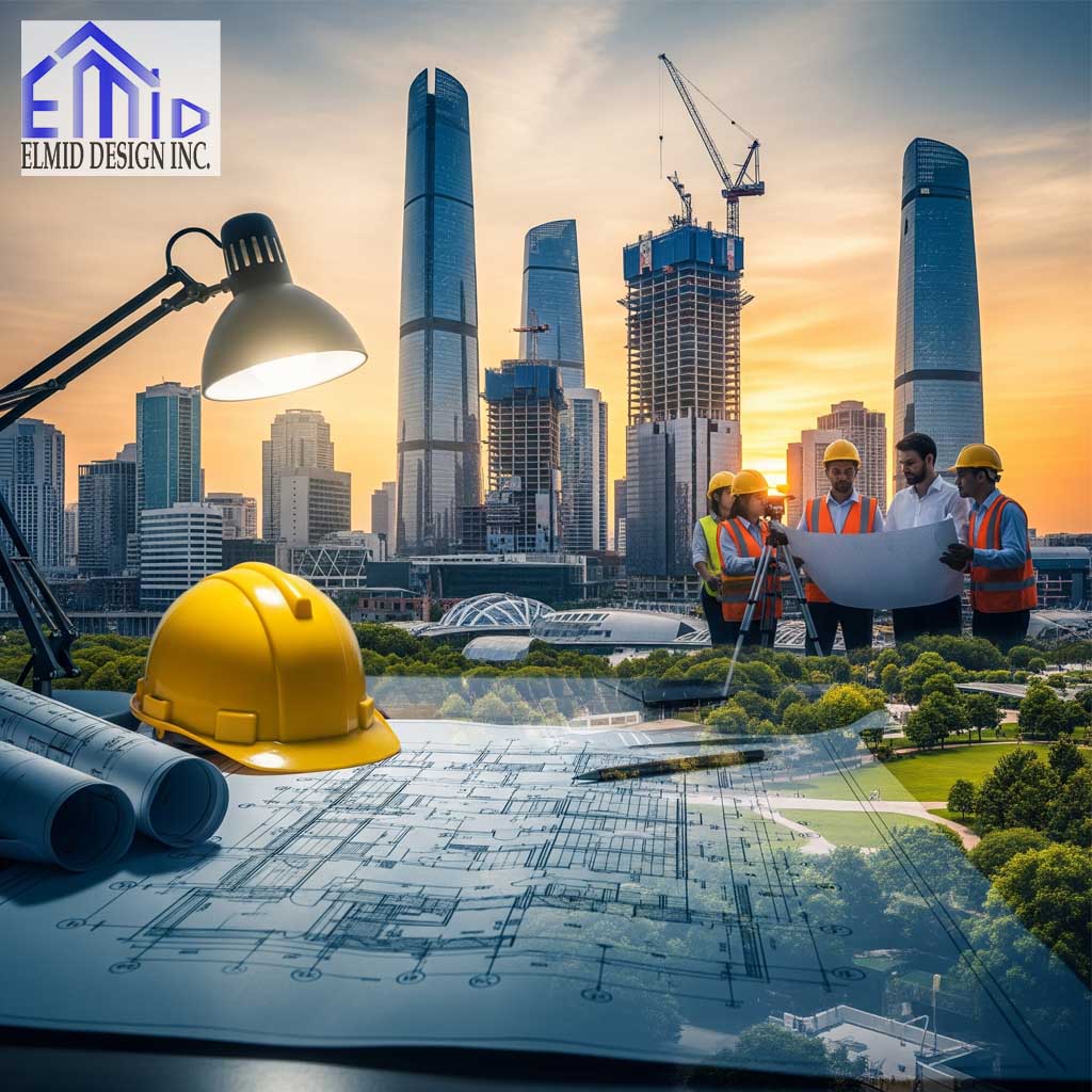 Civil engineering consultants in Brock reviewing blueprints at a construction site with skyscrapers and cranes in the background.