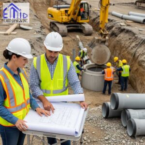 Civil engineering consultants in Brock reviewing construction plans on site with workers installing drainage and heavy equipment operating.