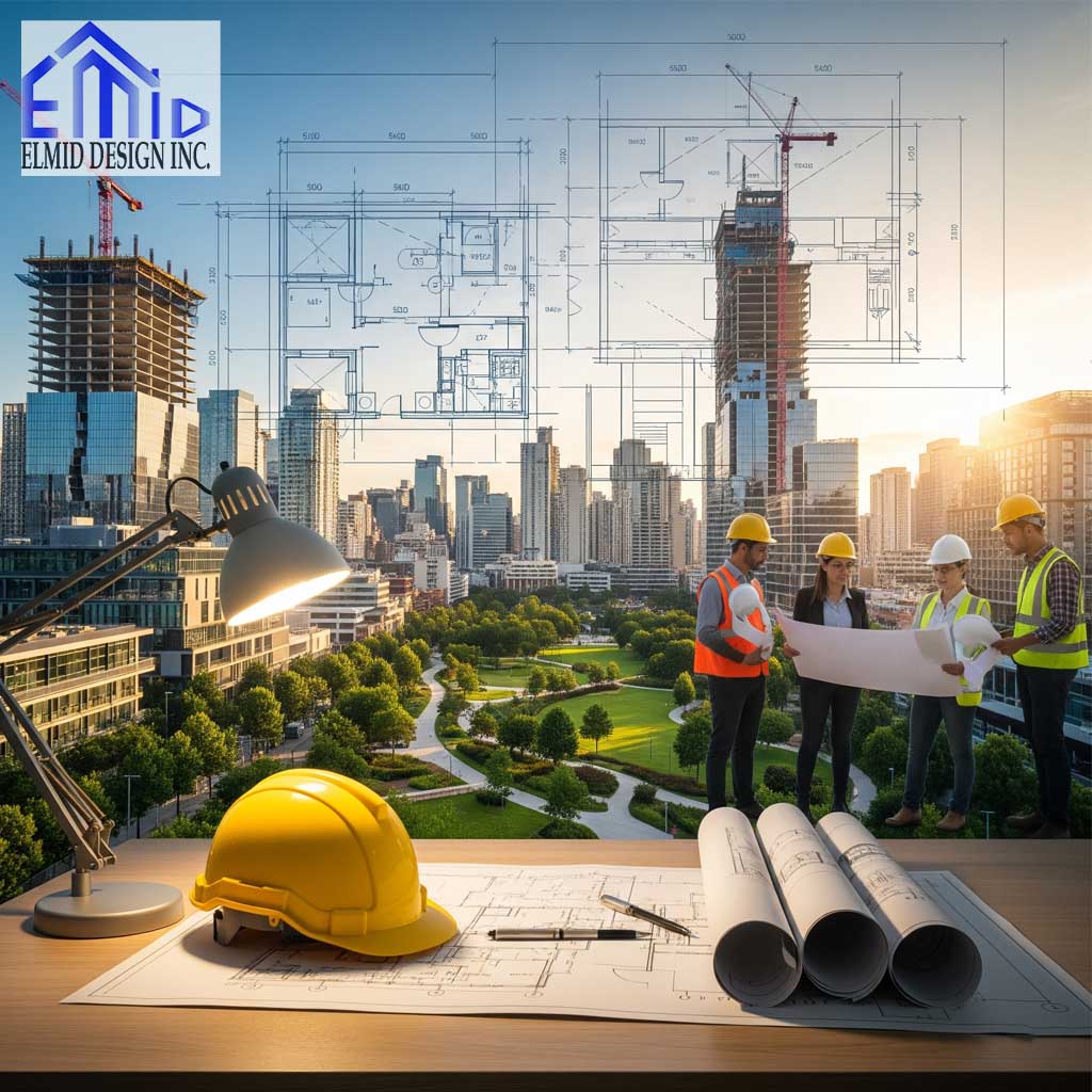 Civil engineering consultants in Burlington reviewing building plans with city skyline and construction cranes in the background.