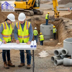 Civil engineering consultants in Burlington reviewing site plans at a building construction site with excavation and utility installation.