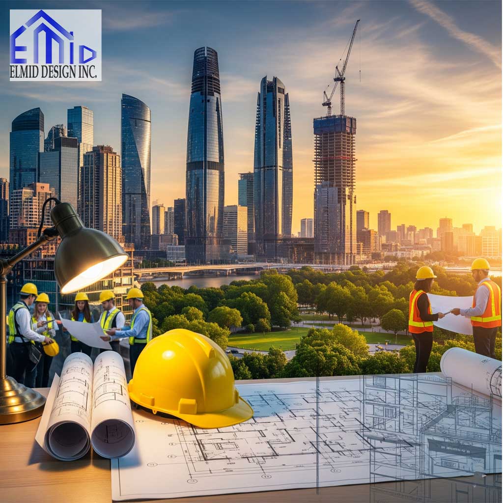 Civil engineering consultants in Caledon reviewing building plans with city skyline and construction cranes in the background.
