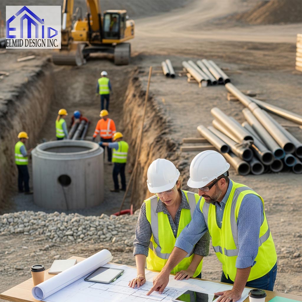 Civil engineering consultants in Caledon reviewing construction plans at a site with drainage and utility installation in progress.