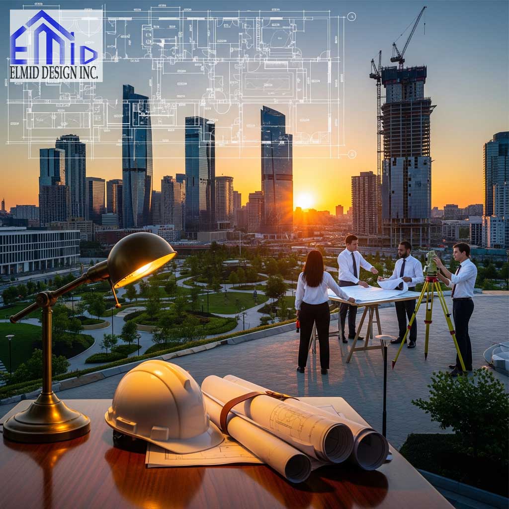 Civil engineering consultants in East Gwillimbury reviewing building plans at a construction site with city skyline in the background.