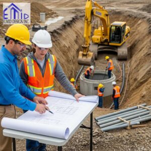 Civil engineering consultants in East Gwillimbury reviewing construction blueprints at a building site with excavation and utility work.
