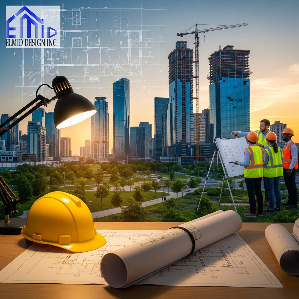 Civil engineering consultants in Georgina reviewing building plans with construction cranes and high-rise development in the background.