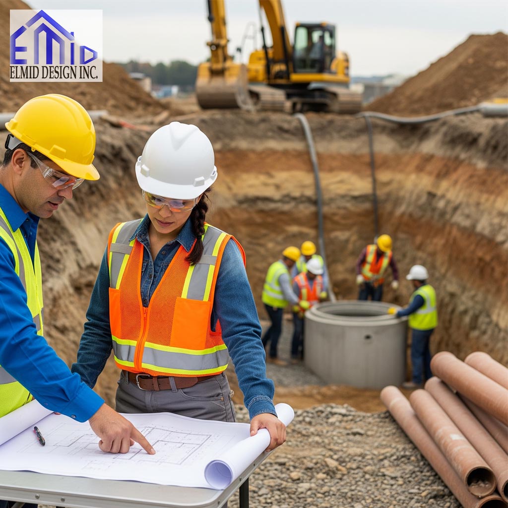 Civil engineering consultants in Georgina reviewing site plans during drainage and utility installation at a construction project.