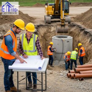 Civil engineering consultant Halton Hills guiding construction team with utility installation plans on site