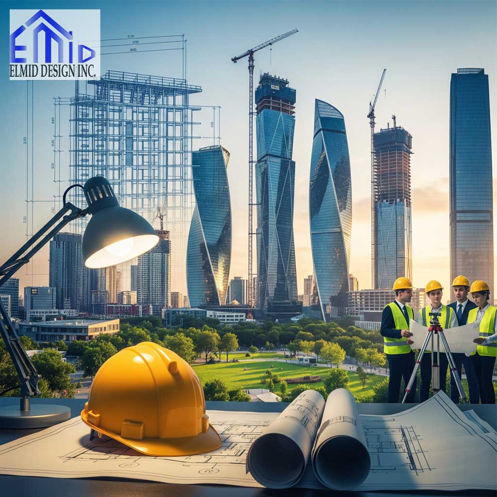 Civil engineering consultants in Innisfil reviewing building plans with high-rise construction and cranes in the background.