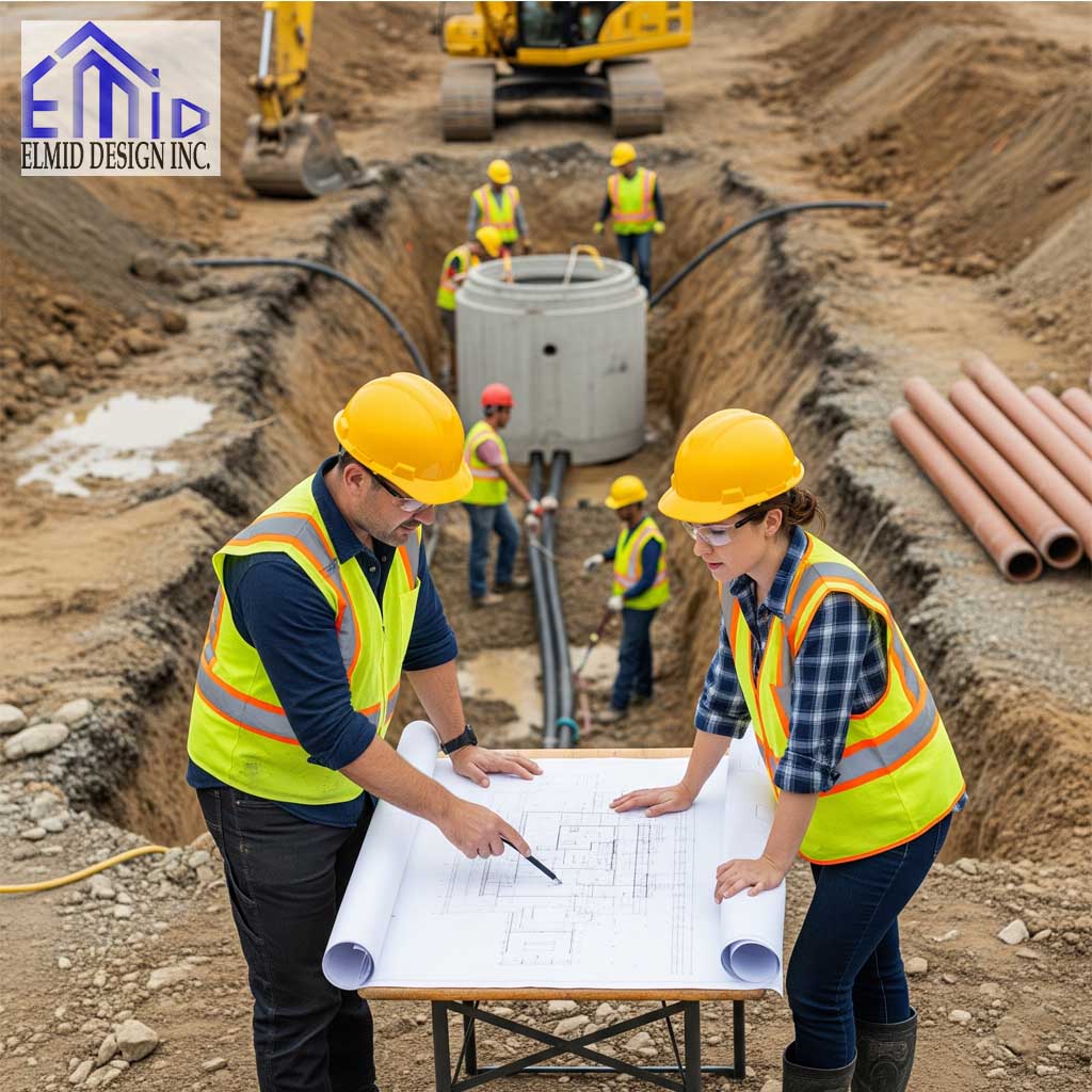 Civil engineering consultants in Innisfil reviewing site plans during drainage and utility installation at a construction project.