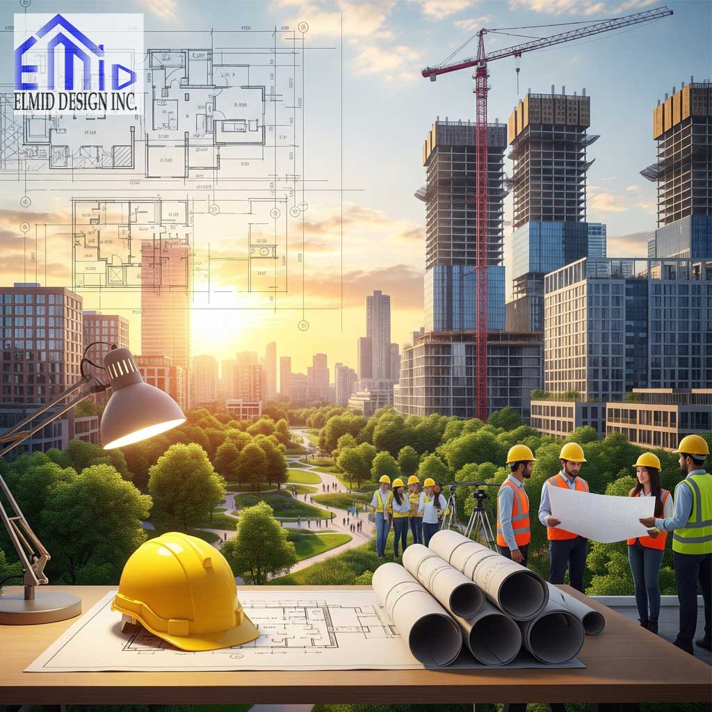 Civil engineering consultant team in King City reviewing building plans with construction site and high-rise development in the background.
