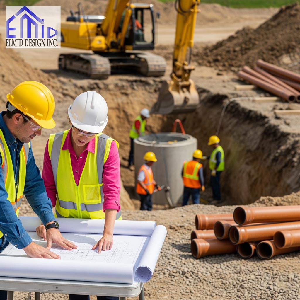 Civil engineering consultants in King City reviewing site plans at a construction site with drainage and utility installation work in progress.