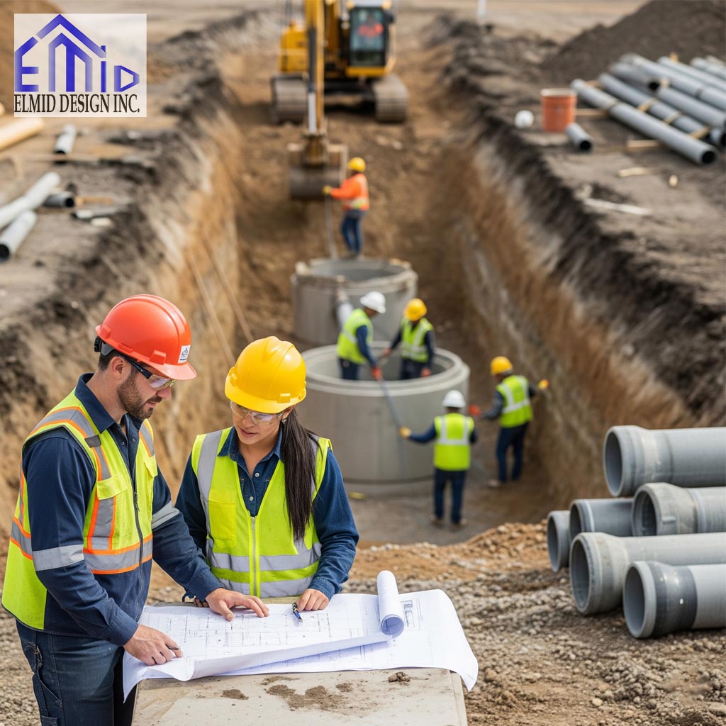 Civil engineering consultants in Markham reviewing blueprints at an active construction site with workers and heavy equipment.