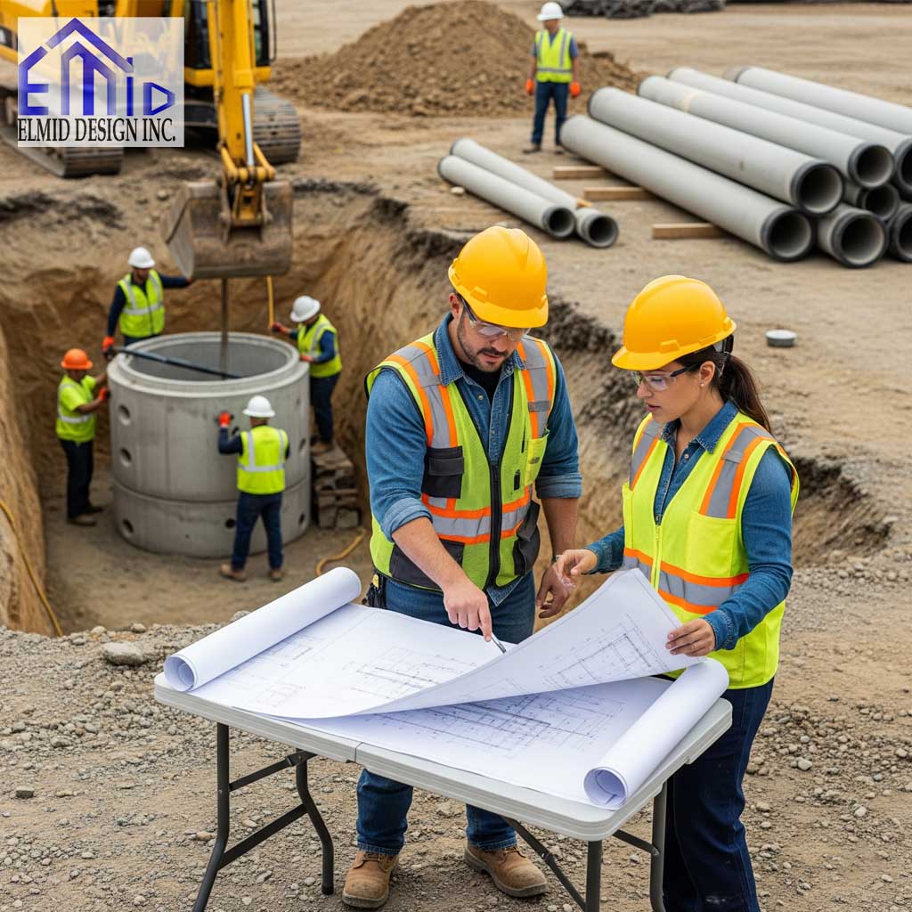Civil engineering consultant Milton reviewing construction plans on-site with utility installation in progress