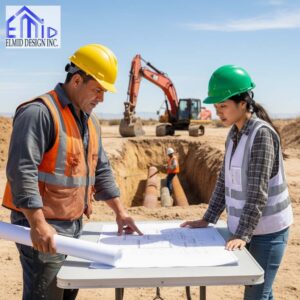 Civil engineering consultants in Mississauga reviewing site plans for building construction project.