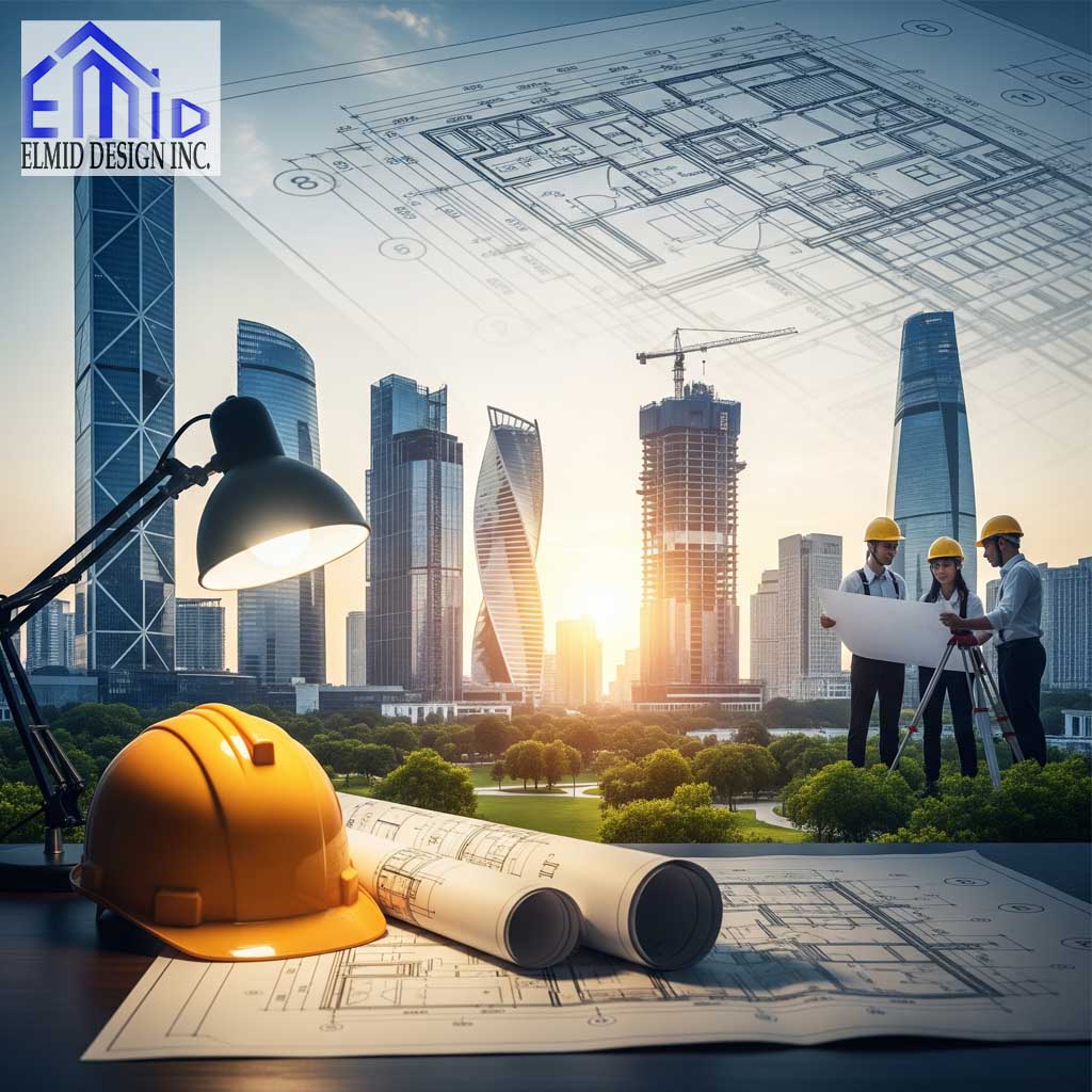 Civil engineering consultant in Oakville reviewing building plans with skyscrapers in the background.