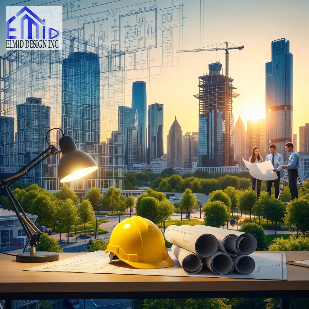 Civil engineering consultants in Ontario reviewing building plans with skyscrapers and construction cranes in the background.