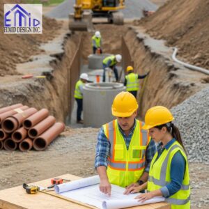 Civil engineering consultants in Ontario reviewing blueprints at a construction site with workers installing underground infrastructure.