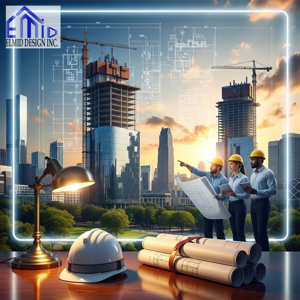 Civil engineering consultants in Oshawa reviewing building plans with high-rise construction in the background.