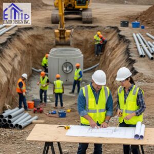 Civil engineering consultants in Oshawa reviewing site plans during building construction with active groundwork.