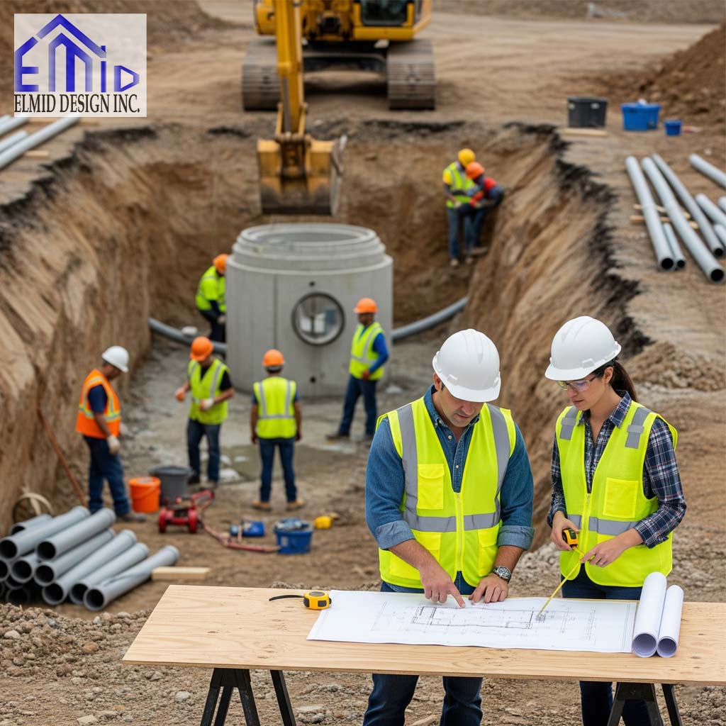 Civil engineering consultants in Oshawa reviewing site plans during building construction with active groundwork.