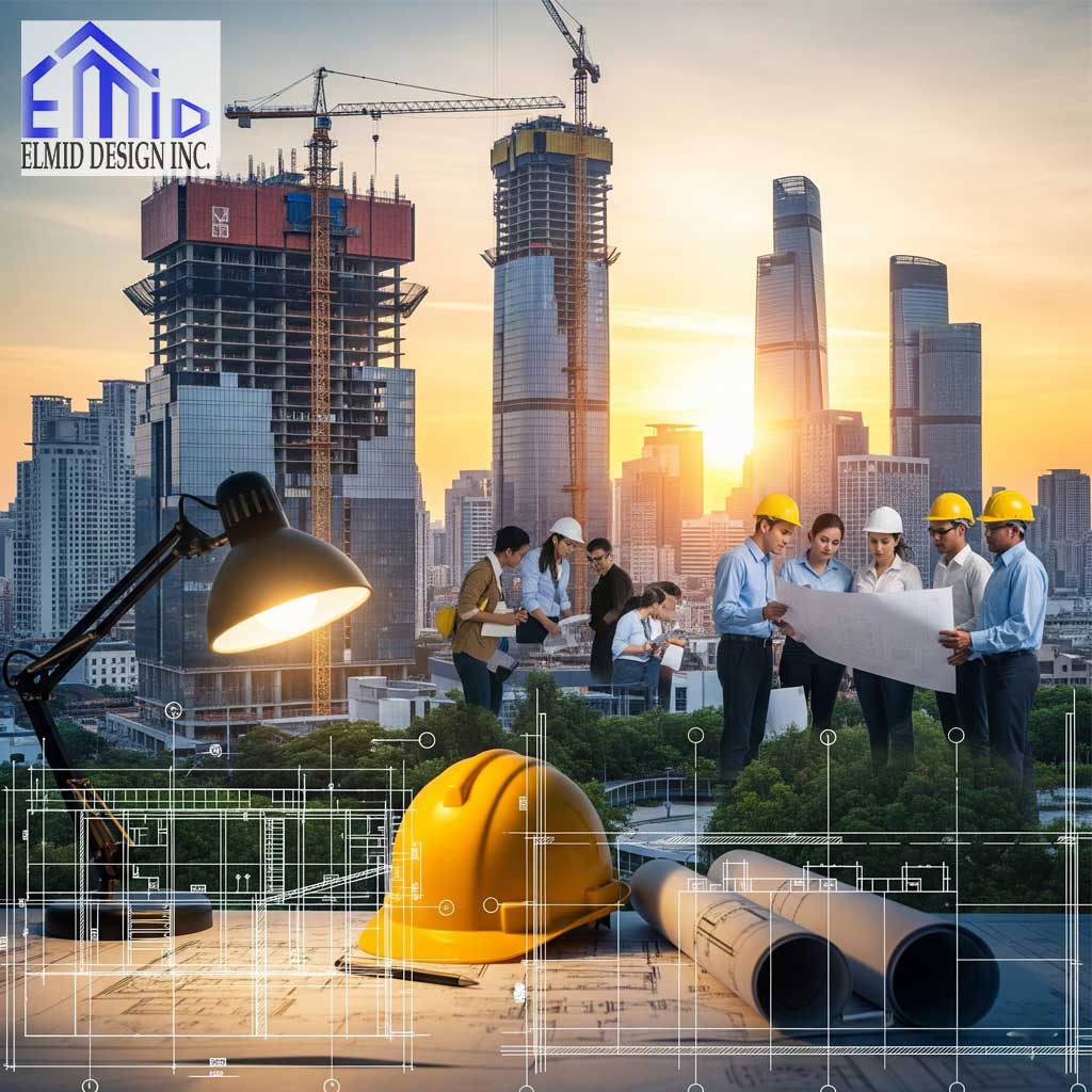 Civil engineering consultant Pickering team reviewing building plans with city construction in the background
