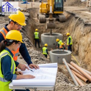 Civil engineering consultant Pickering reviewing site plans during active construction project