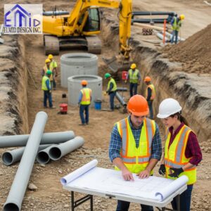 Civil engineering consultants in Toronto reviewing building plans at a construction site.