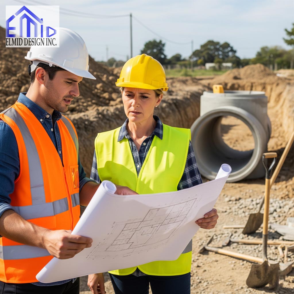 Civil engineering consultants in Toronto reviewing building plans at a construction site.