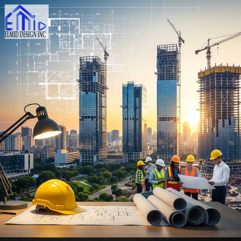 Civil engineering consultants in Vaughan reviewing building plans with high-rise construction in the background.