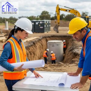 Civil engineering consultants in Vaughan reviewing construction blueprints at an active building site.