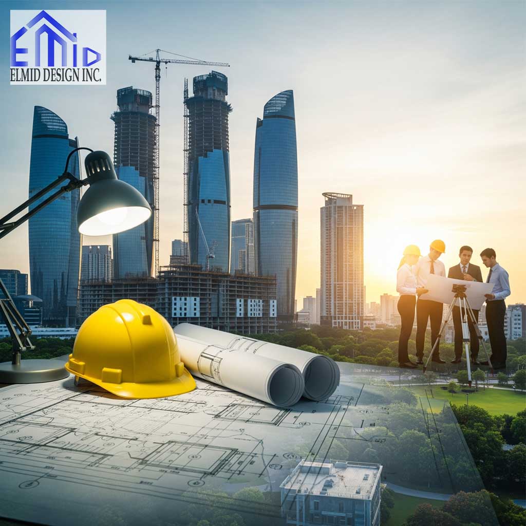 Civil engineering consultants in Whitchurch-Stouffville reviewing building plans at a construction site with modern towers under development.