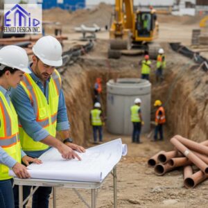 Civil engineering consultants in Whitchurch-Stouffville reviewing site blueprints at an active building construction site with excavation work.