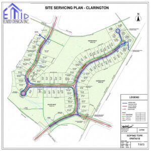 "Engineering site servicing plan in Clarington illustrating water mains, sanitary sewers, storm sewers, and road layouts for residential development."