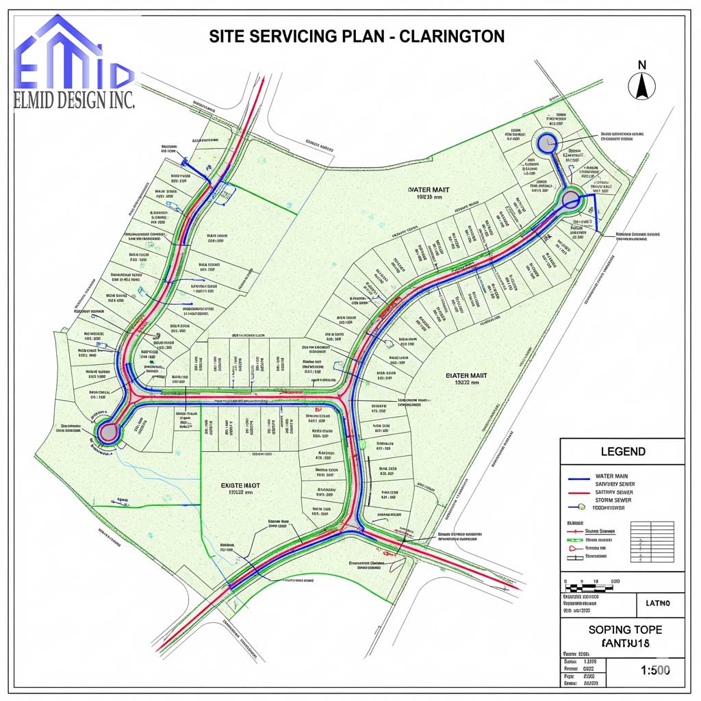 "Engineering site servicing plan in Clarington illustrating water mains, sanitary sewers, storm sewers, and road layouts for residential development."