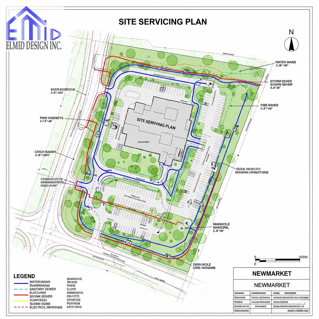 Commercial site servicing plan in Newmarket showing water mains, sanitary sewers, storm sewers, and utility connections.