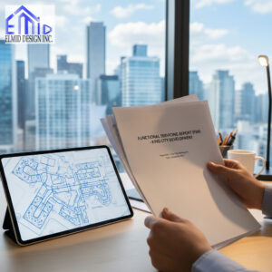 Engineer reviewing Functional Servicing Report King City with site plan displayed on tablet.