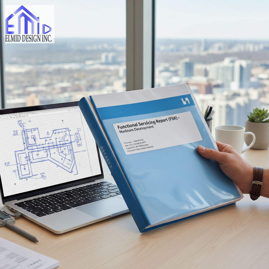 Engineer reviewing functional servicing report for Markham building development with site plans on laptop.