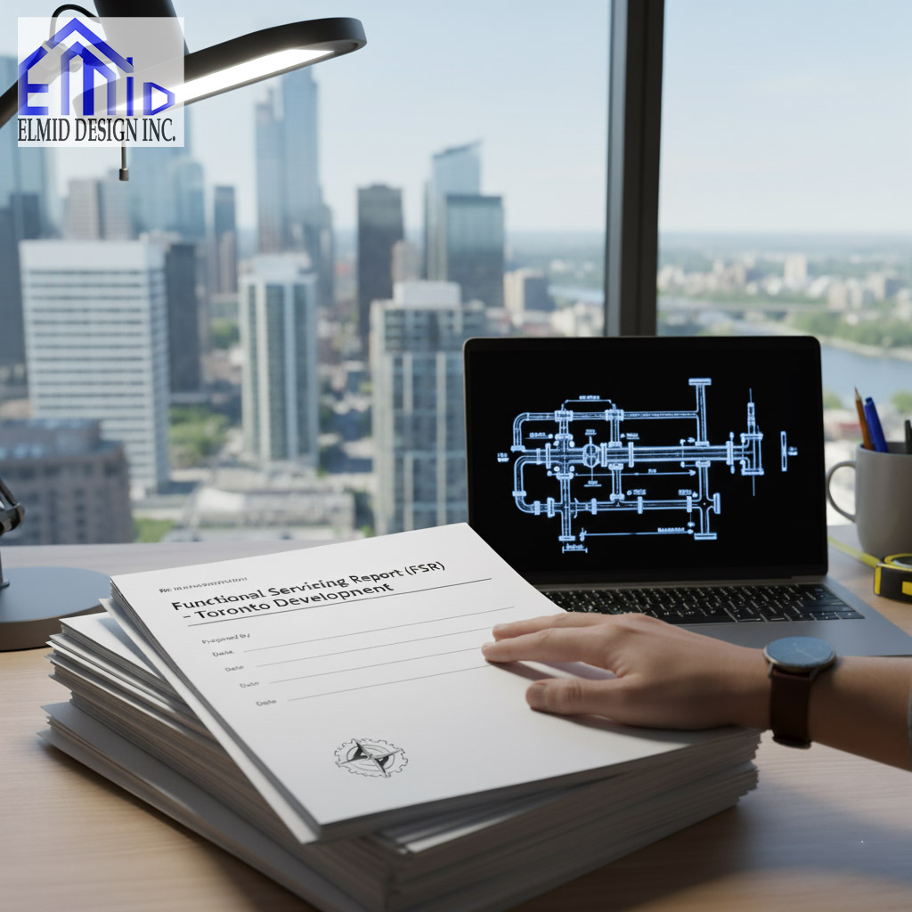 Engineer reviewing functional servicing report for Toronto building development with technical drawings in office.