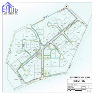 "Halton Hills site servicing plan illustrating subdivision layout with water, sewer, stormwater, and road connections."