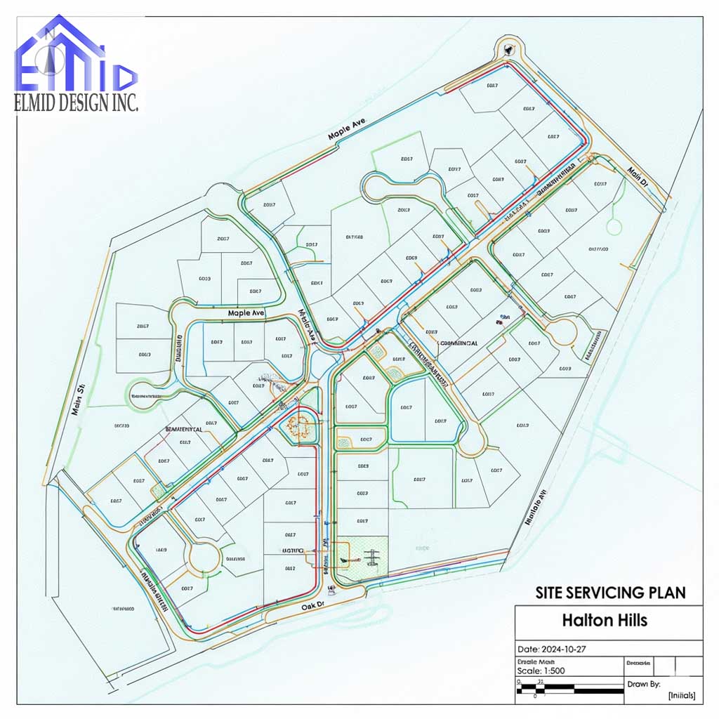 "Halton Hills site servicing plan illustrating subdivision layout with water, sewer, stormwater, and road connections."