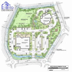 Site development plan showing stormwater management features in Halton Hills, including rain gardens, bioretention zones, and permeable surfaces.