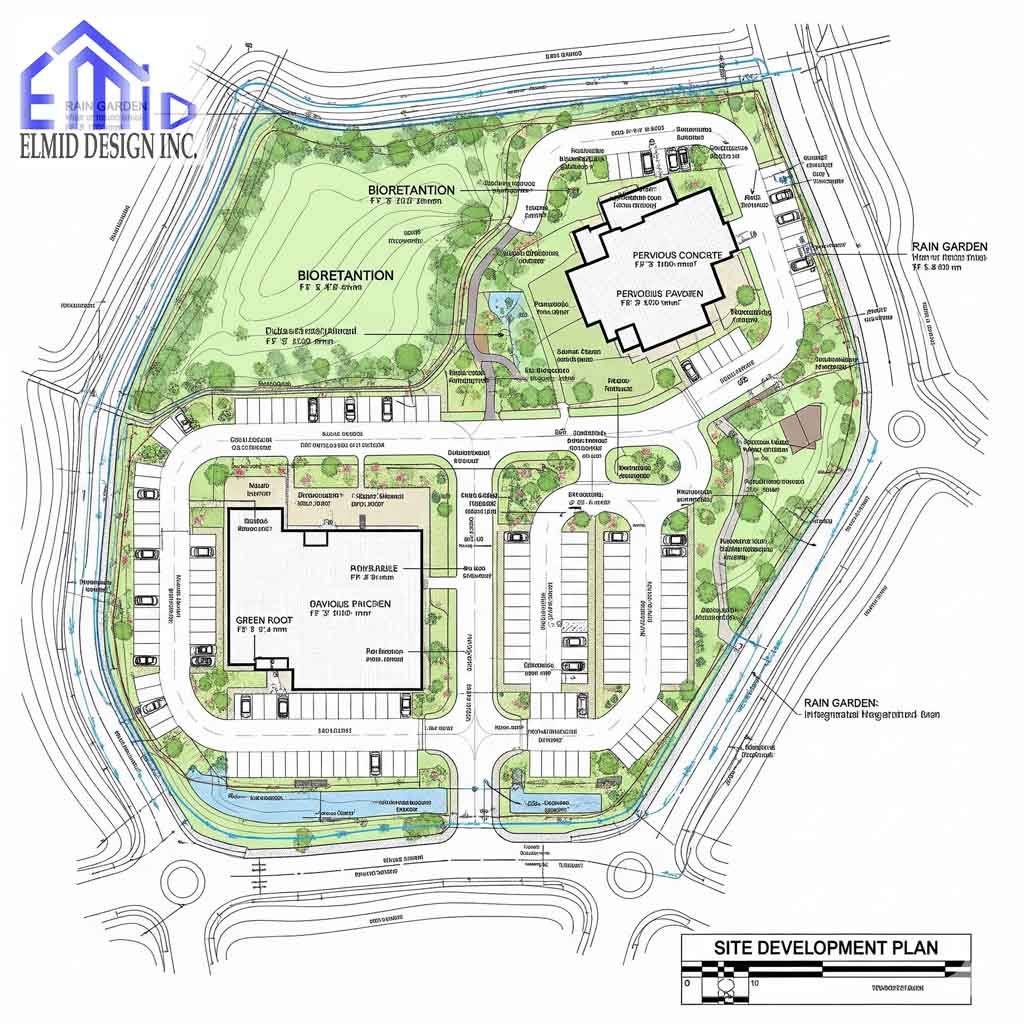 Site development plan showing stormwater management features in Halton Hills, including rain gardens, bioretention zones, and permeable surfaces.