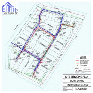 "Milton site servicing plan showing subdivision layout with water, sanitary sewer, storm sewers, and catch basins."