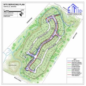 "Oakville site servicing plan showing subdivision layout with water mains, sanitary sewers, storm sewers, and grading details."