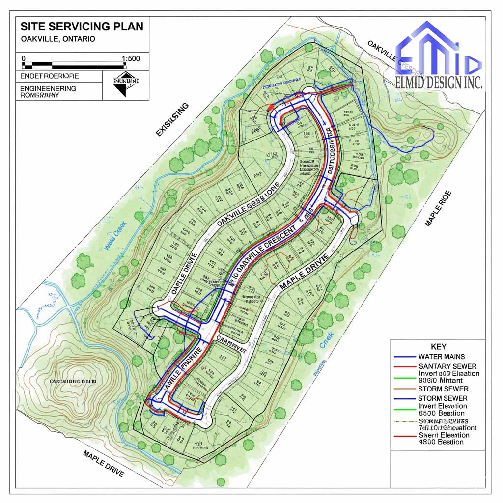 "Oakville site servicing plan showing subdivision layout with water mains, sanitary sewers, storm sewers, and grading details."